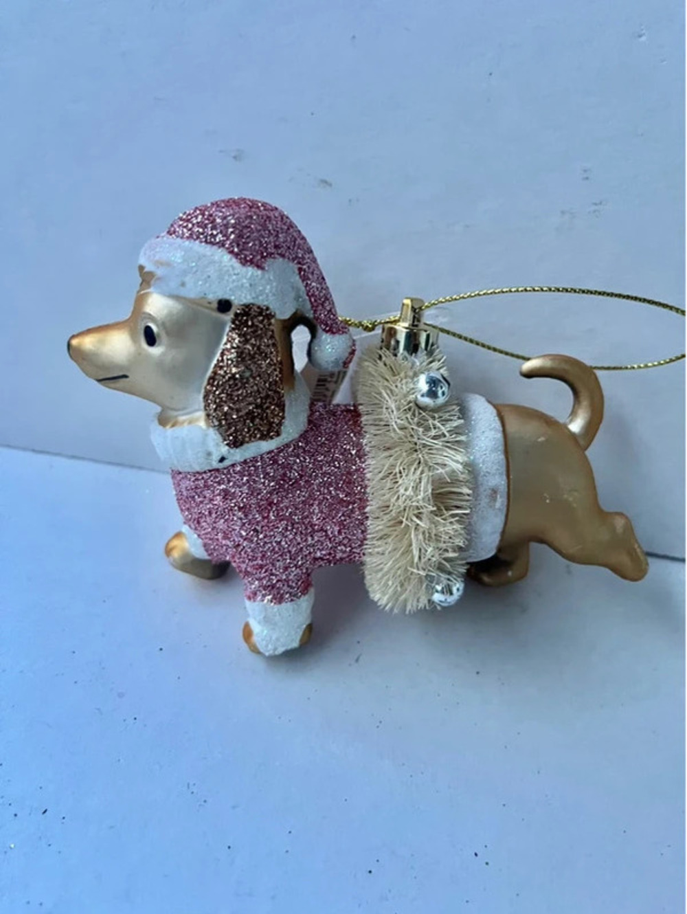 Pink dog Christmas tree ornament